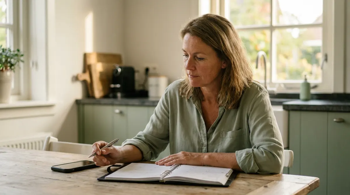 Vrouw denkt rustig na voordat ze een afspraak in haar agenda zet