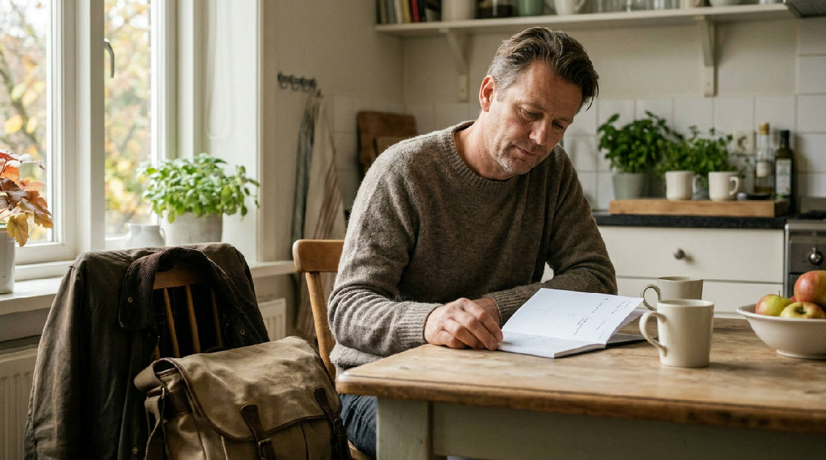 Persoon kijkt vermoeid naar een rustig ogende agenda aan de keukentafel