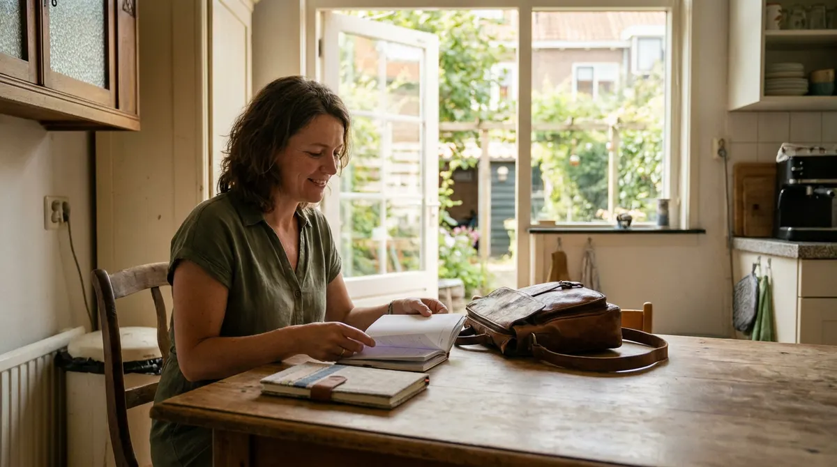 Vrouw bekijkt rustig haar agenda aan de keukentafel in natuurlijk zomerlicht