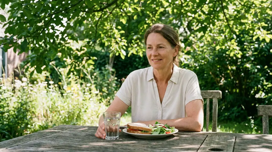 Vrouw neemt in de schaduw rustig de tijd voor een keuze op een warme zomerdag