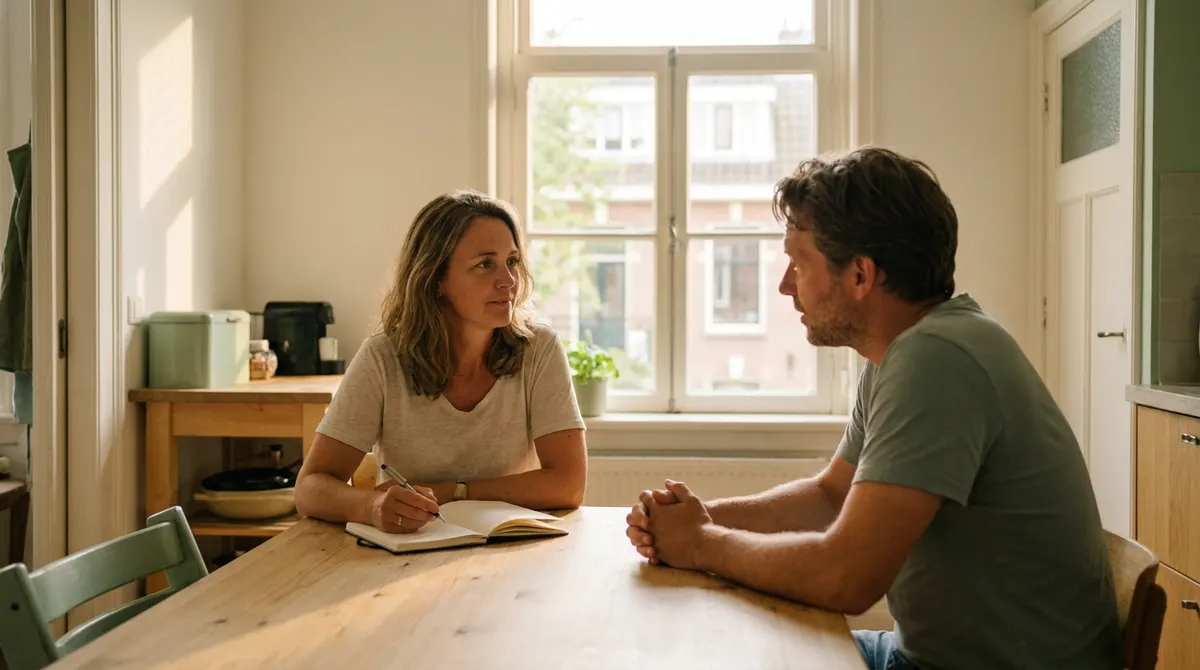 Twee mensen bespreken rustig een keuze aan een tafel in natuurlijk zomerlicht