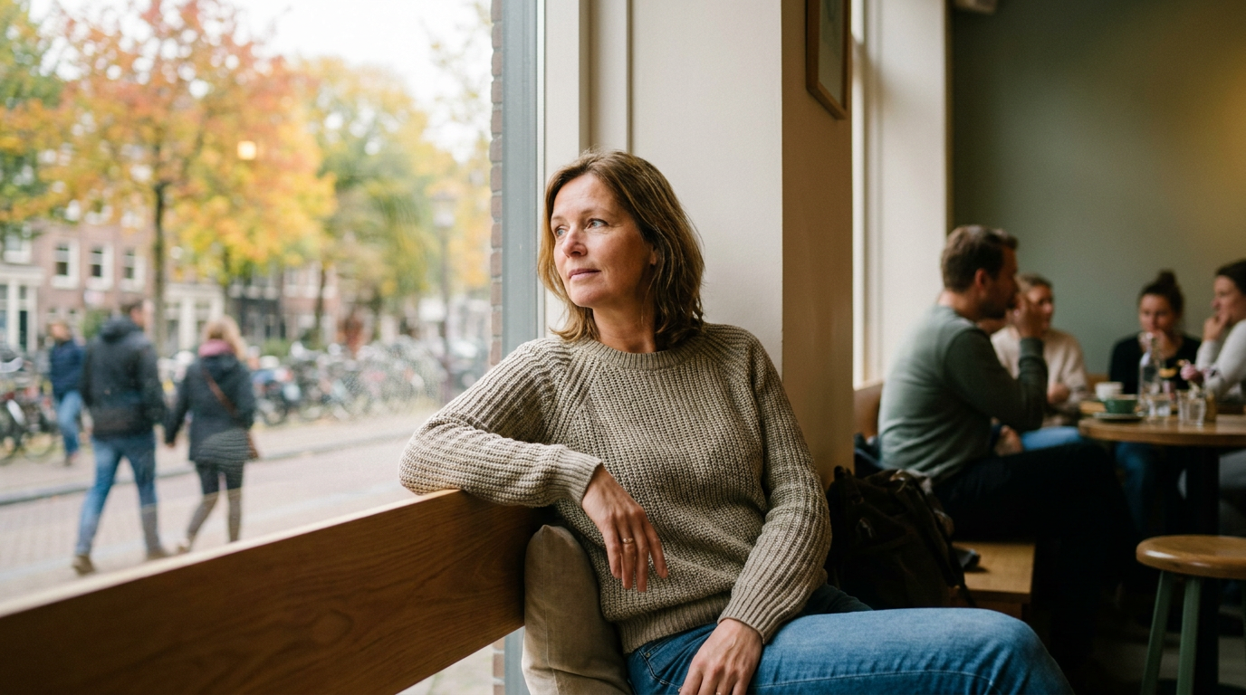 Vrouw zit in een rustig café bij het raam met herfstbomen buiten