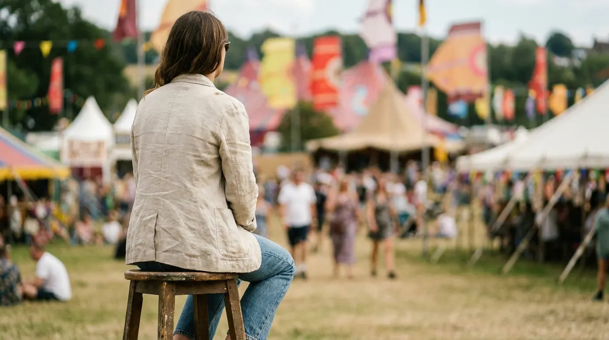 Festivalbezoeker zoekt rust aan de rand van een druk publiek in warm avondlicht