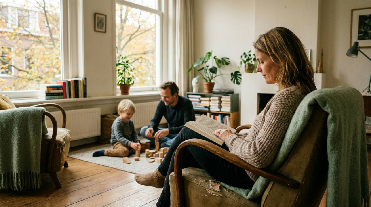 Gezin deelt een woonkamer terwijl een ouder rustig apart zit bij het raam