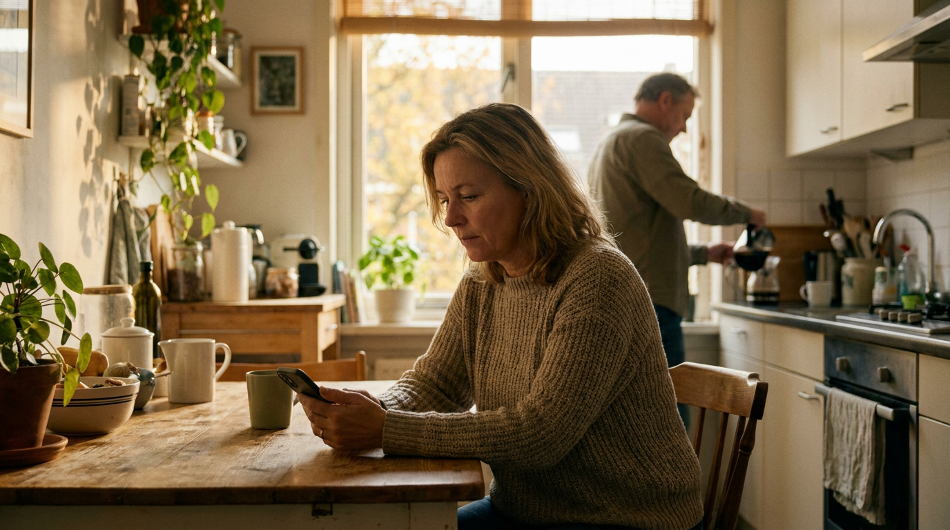 Vrouw aan de keukentafel neemt rustig de tijd voordat ze een groepsapp beantwoordt