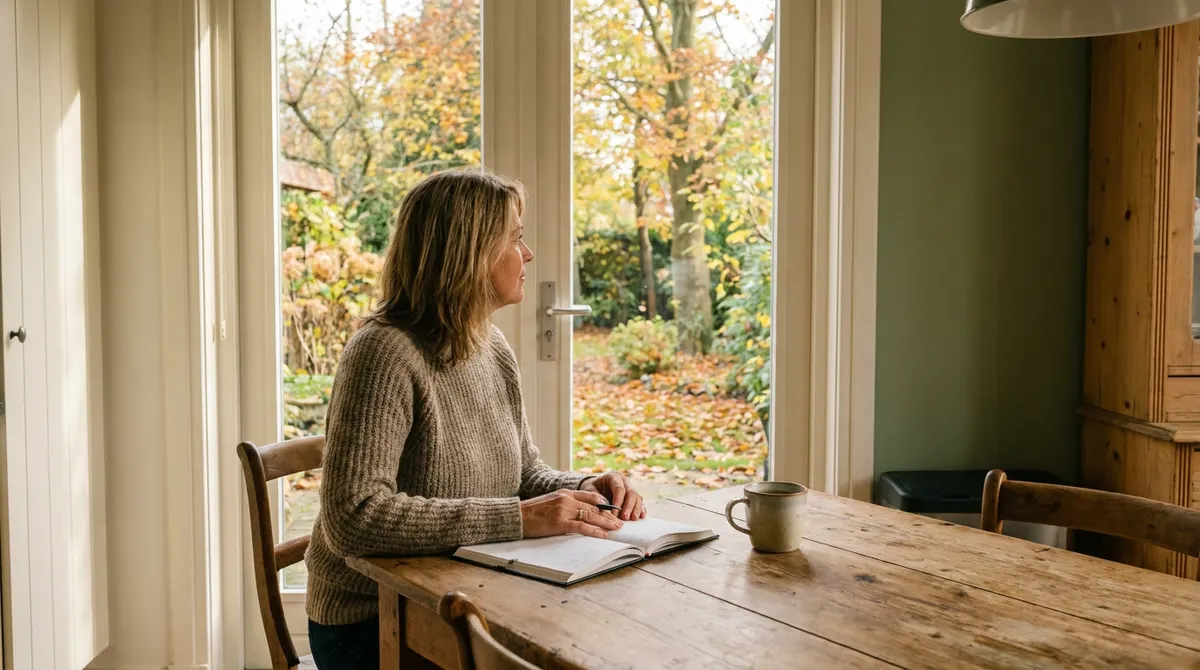Persoon kijkt in herfstlicht vanuit huis naar buiten met een open agenda op tafel