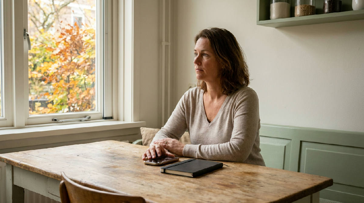 Vrouw denkt rustig na aan een tafel terwijl buiten herfstbladeren zichtbaar zijn