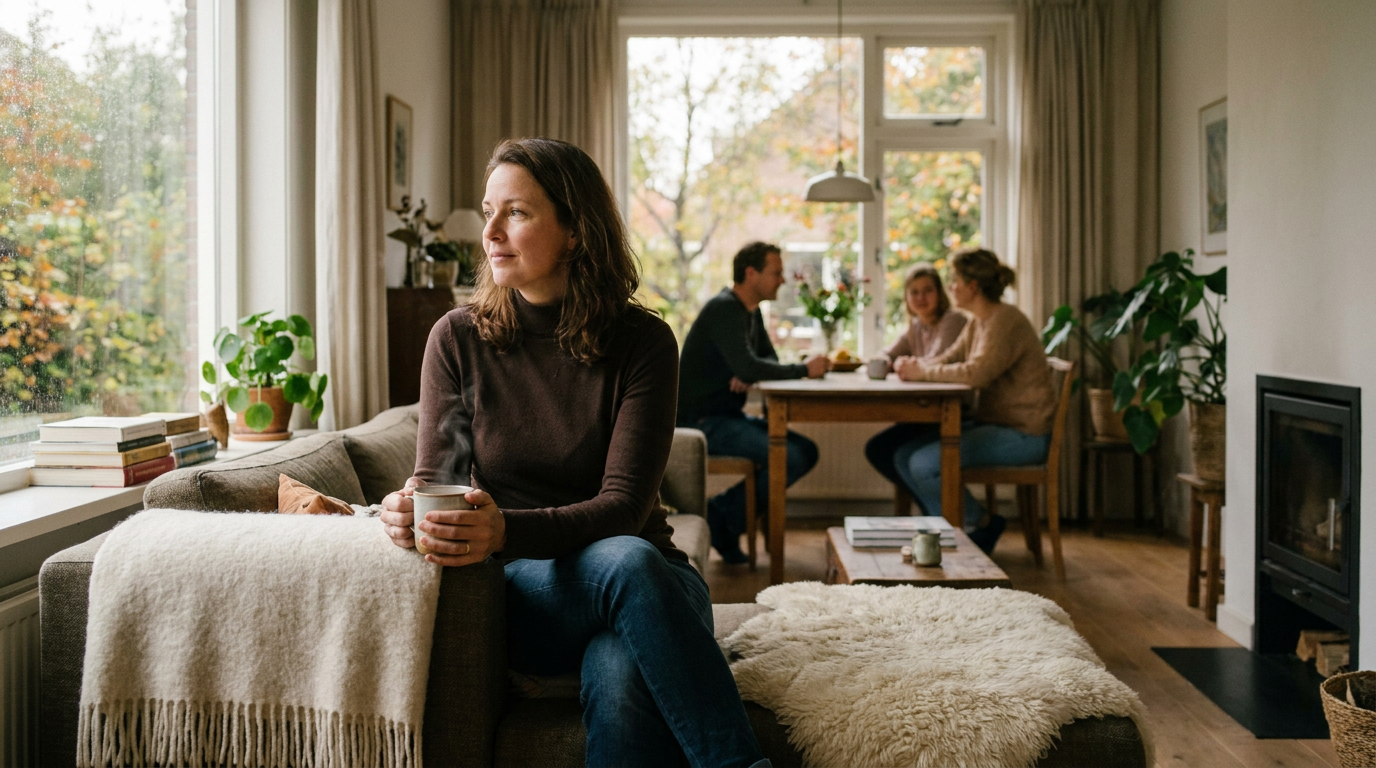 Vrouw neemt rustig afstand terwijl familie samen aan tafel zit in een warme woonkamer