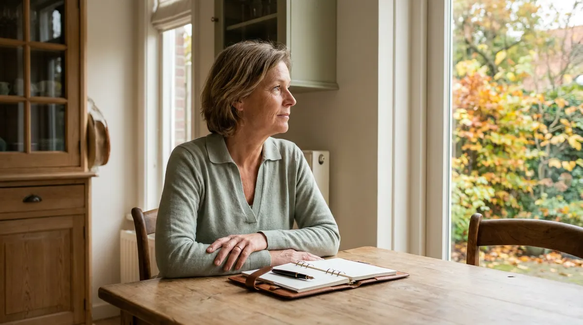 Vrouw zit rustig met een open agenda aan tafel en neemt tijd voor een besluit