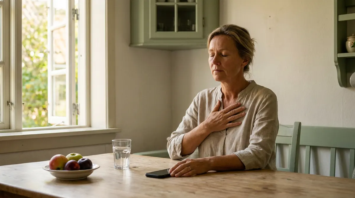 Vrouw zit rustig aan tafel en pauzeert nadat ze haar telefoon heeft neergelegd