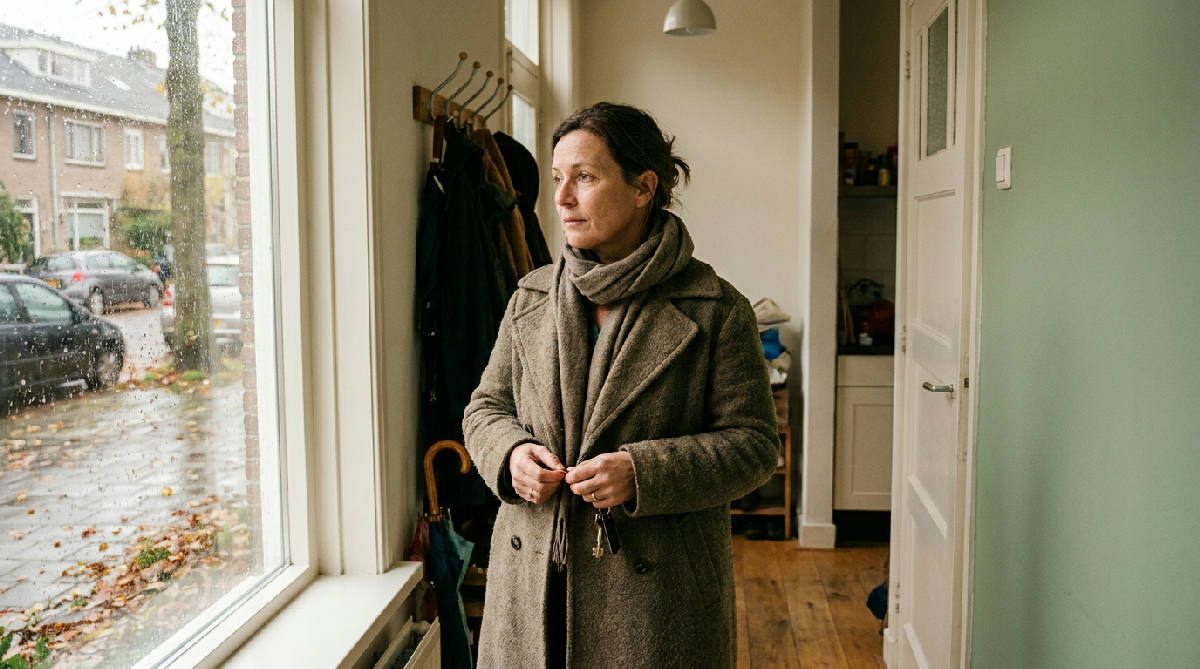 Vrouw staat met jas en sleutels twijfelend bij de voordeur op een grijze herfstdag