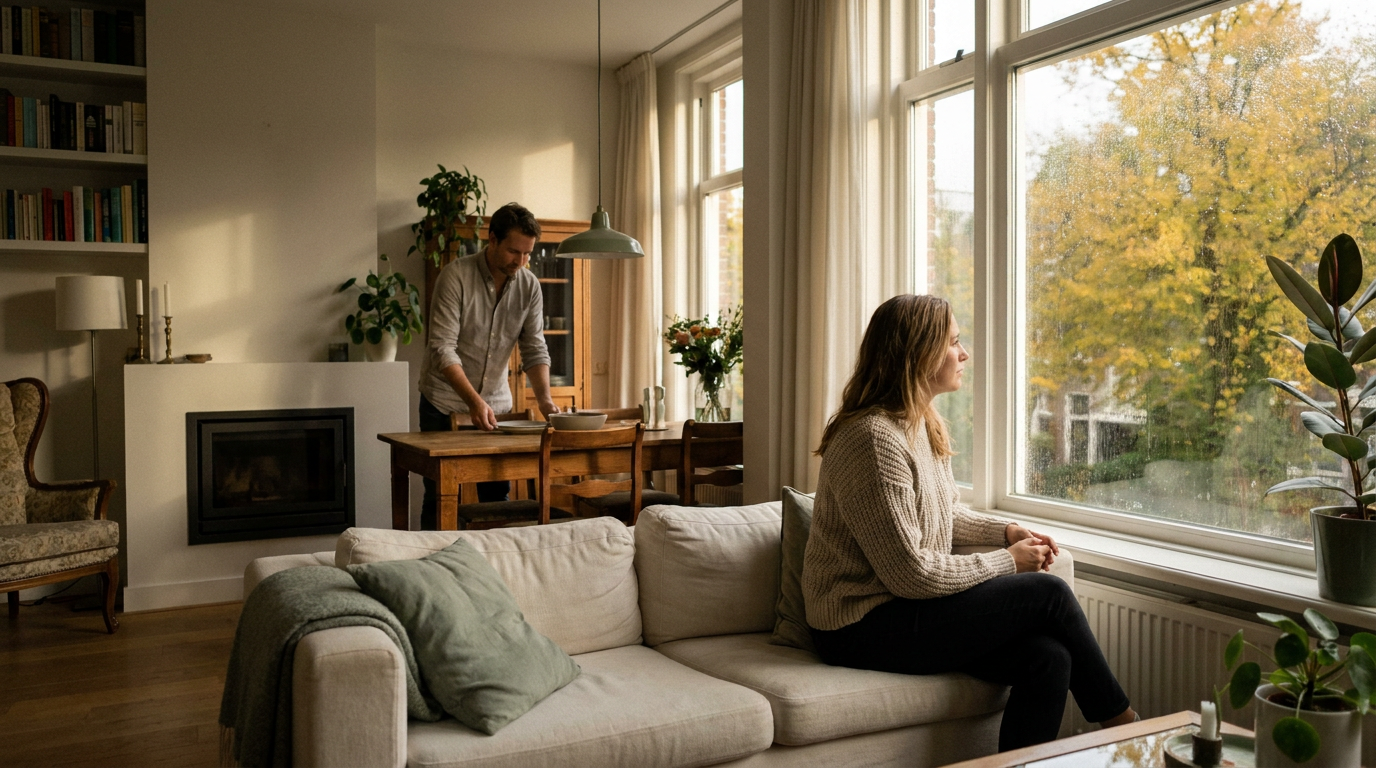 Vrouw neemt een rustig moment bij het raam tijdens een donkere herfstavond thuis