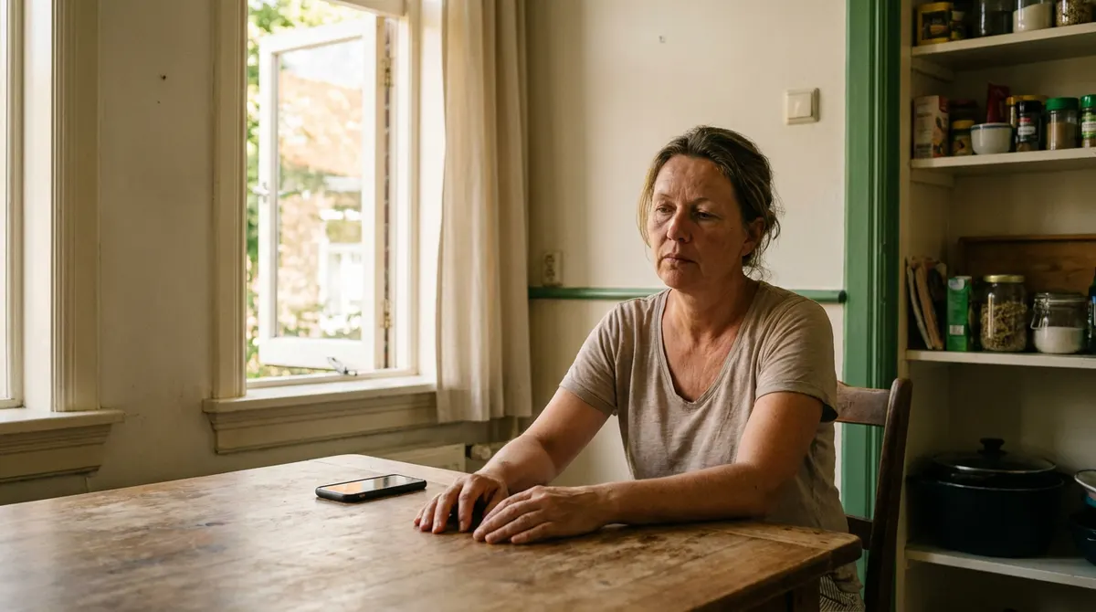 Vermoeide vrouw zit alleen aan tafel met haar telefoon omgekeerd naast zich
