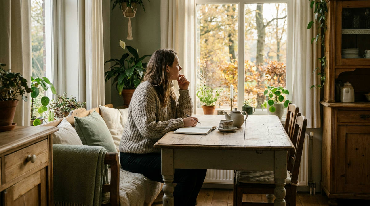 Vrouw zit in herfstlicht met een leeg notitieboek en neemt rustig tijd voor een besluit