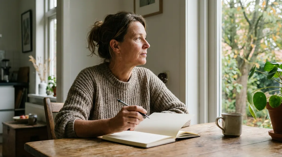 Vrouw zit rustig bij een open notitieboek en kijkt in natuurlijk herfstlicht naar buiten