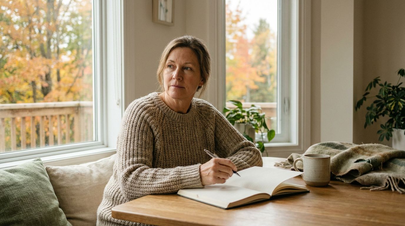 Vrouw zit in herfstlicht met een open notitieboek rustig bij een raam
