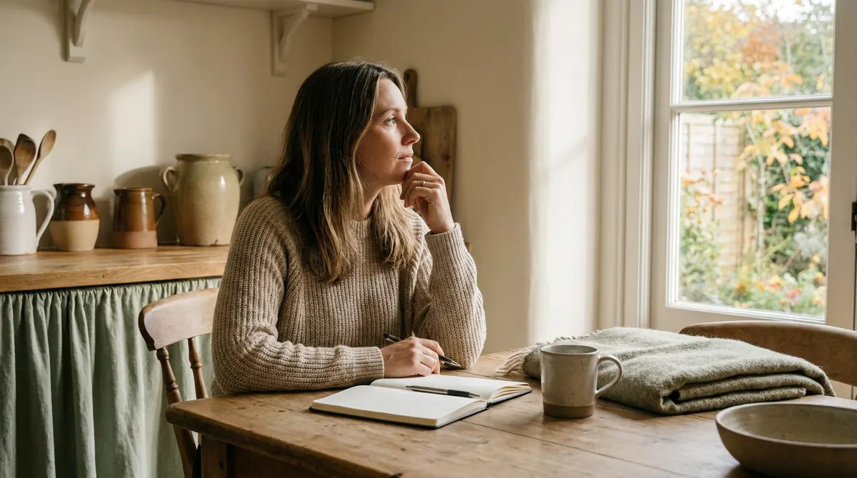 Vrouw zit rustig met een leeg notitieboek aan tafel en kijkt naar buiten