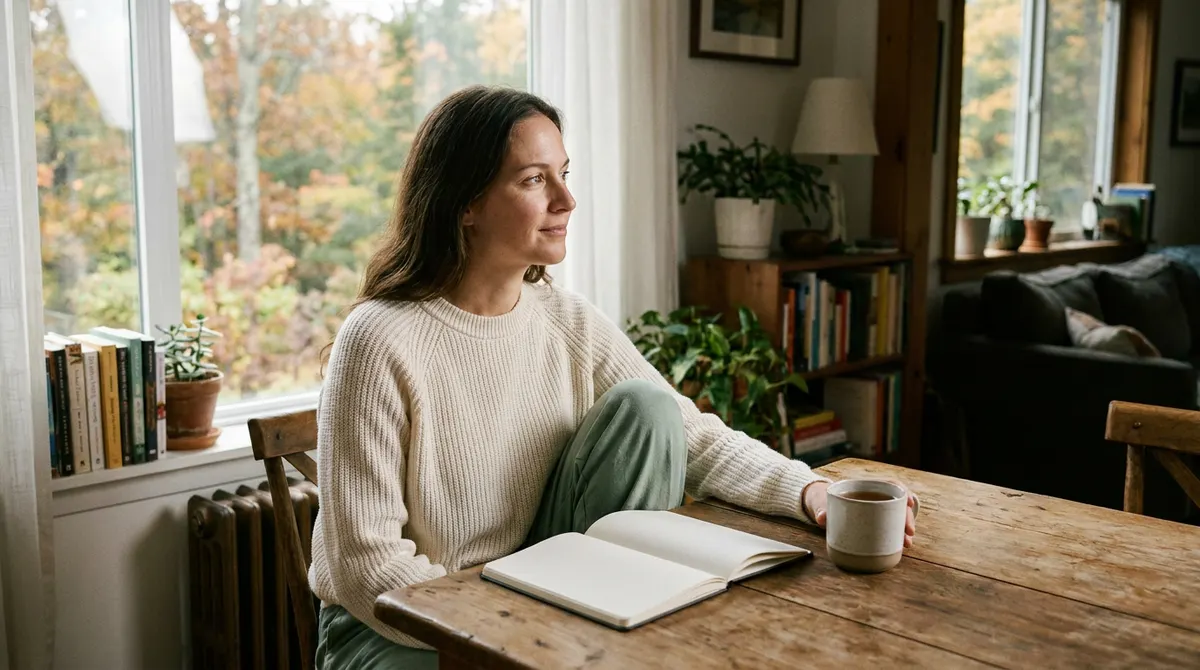 Vrouw zit in zacht herfstlicht met een leeg notitieboek en neemt rustig de tijd.