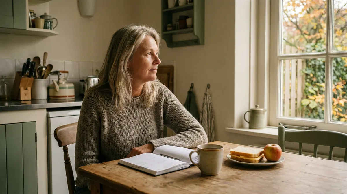 Vrouw bekijkt haar agenda aan een keukentafel in zacht herfstlicht