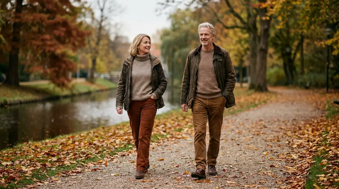 Twee vrienden wandelen rustig door een herfstpark en blijven zonder druk met elkaar verbonden.