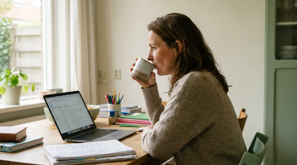 Vrouw pauzeert rustig bij laptop en agenda terwijl werk en school weer beginnen