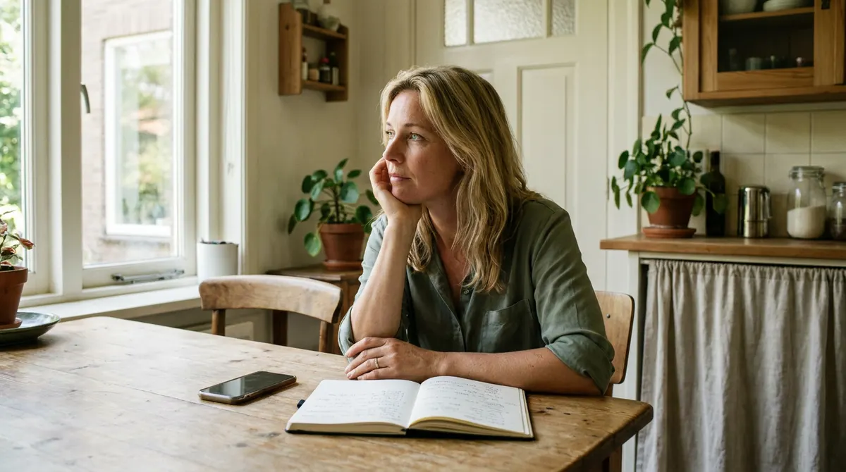 Vrouw denkt rustig na bij een notitieboek terwijl haar telefoon op tafel ligt