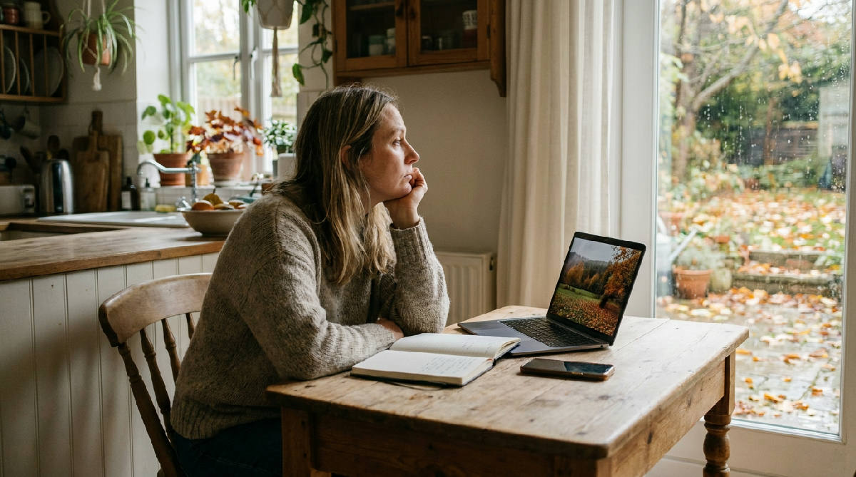 Persoon kijkt vermoeid naast een open agenda en laptop aan een rustige keukentafel
