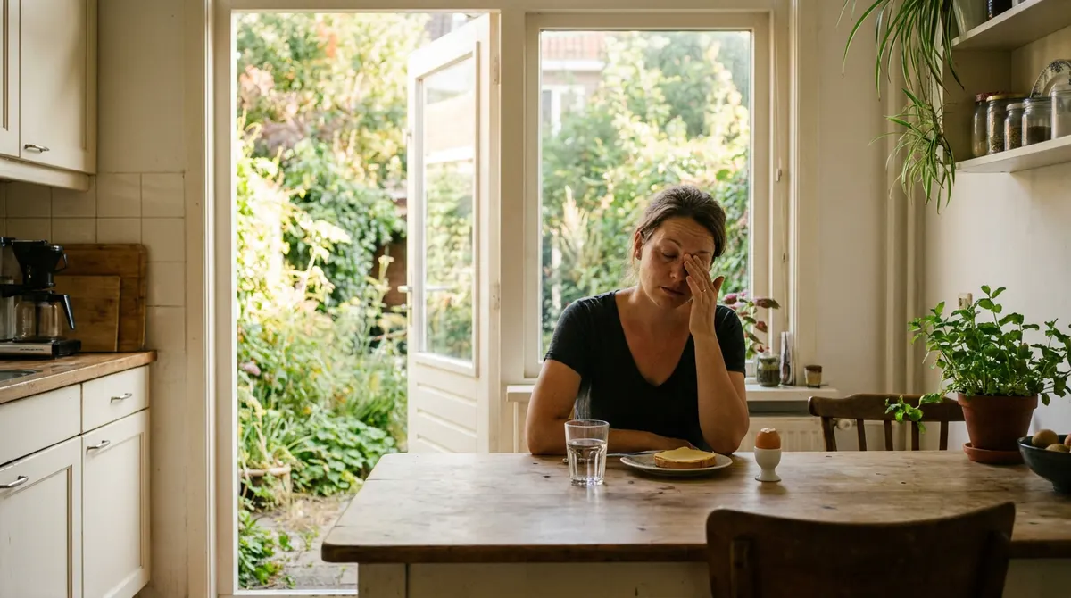 Vermoeide vrouw zit op een rustige zomerochtend alleen aan de keukentafel