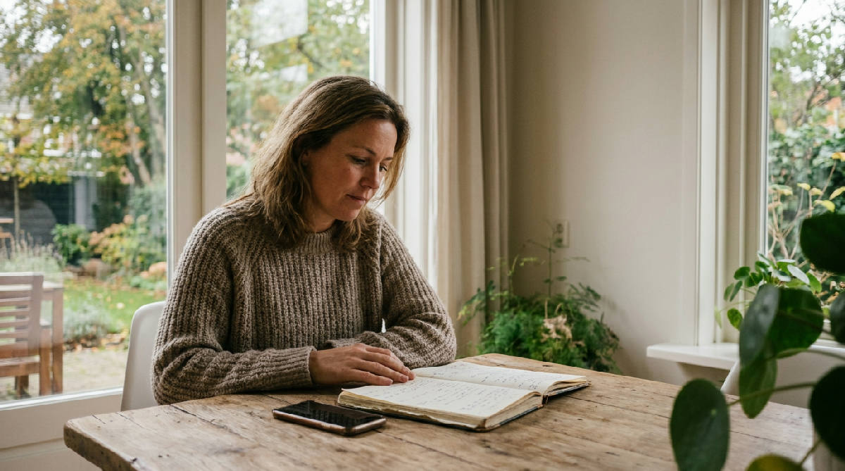 Bedachtzame professional neemt rustig de tijd voor een beslissing aan een tafel bij het raam