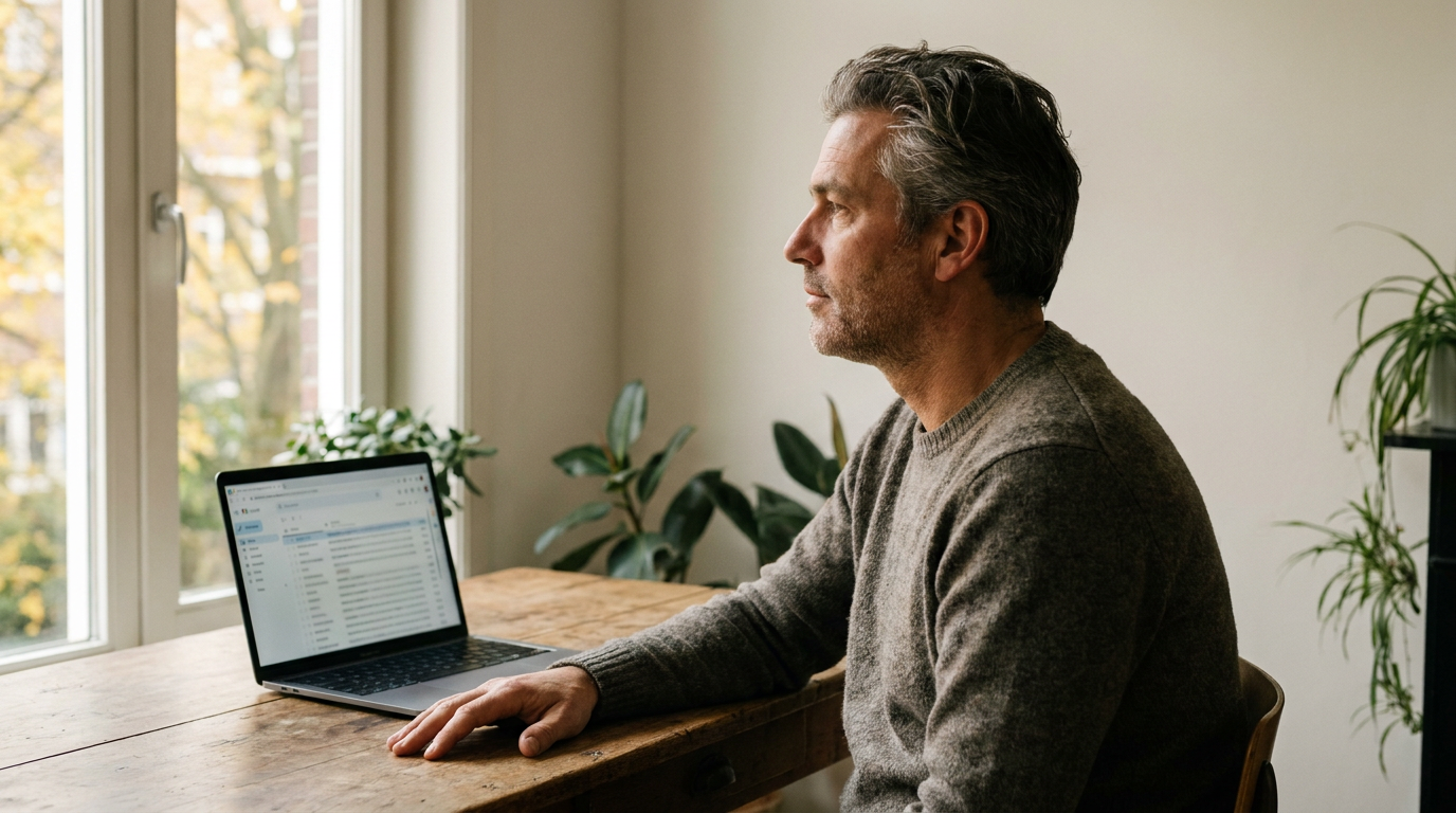 Persoon neemt rustig afstand van een volle inbox voordat die reageert