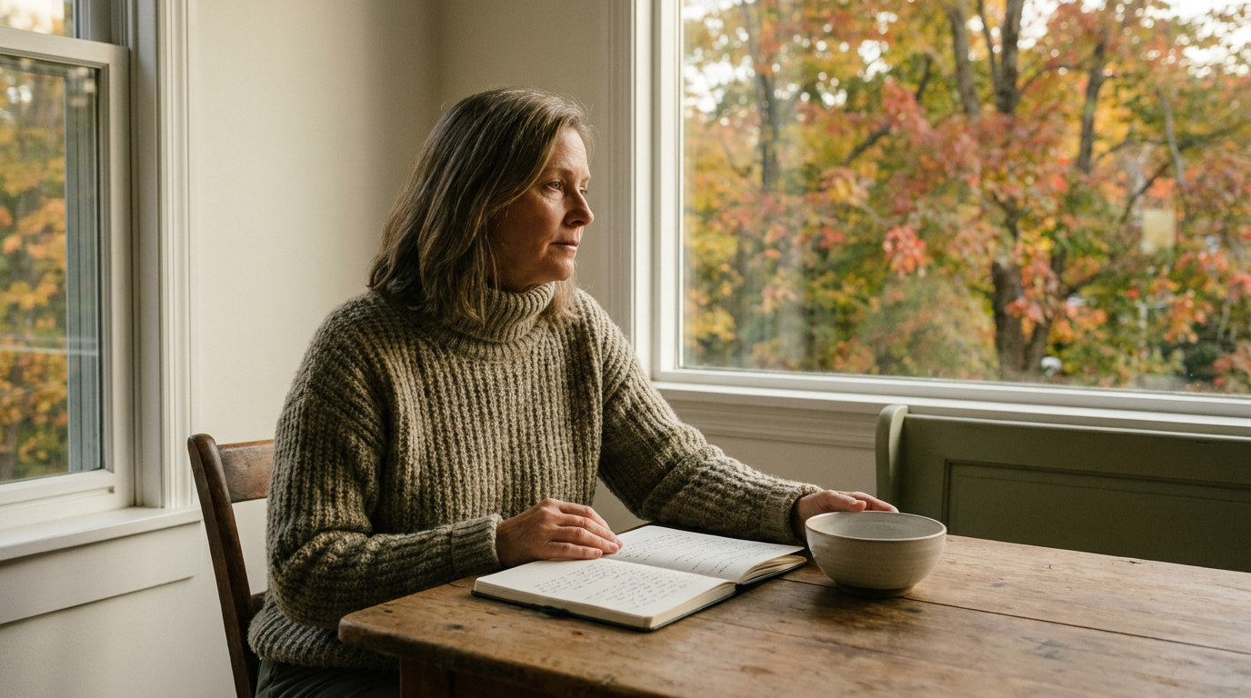 Vrouw zit rustig bij een raam met een notitieboek terwijl buiten de herfst begint