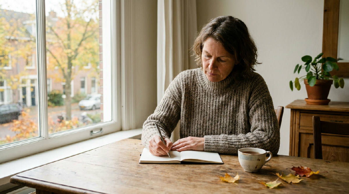 Persoon schrijft bij een raam rustig gedachten op in een notitieboek tijdens de herfst