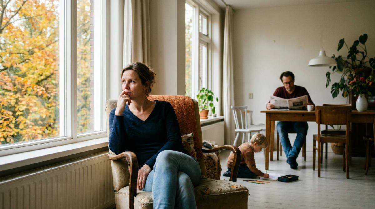Gezin met verschillende bezigheden in een rustig huis tijdens de herfst