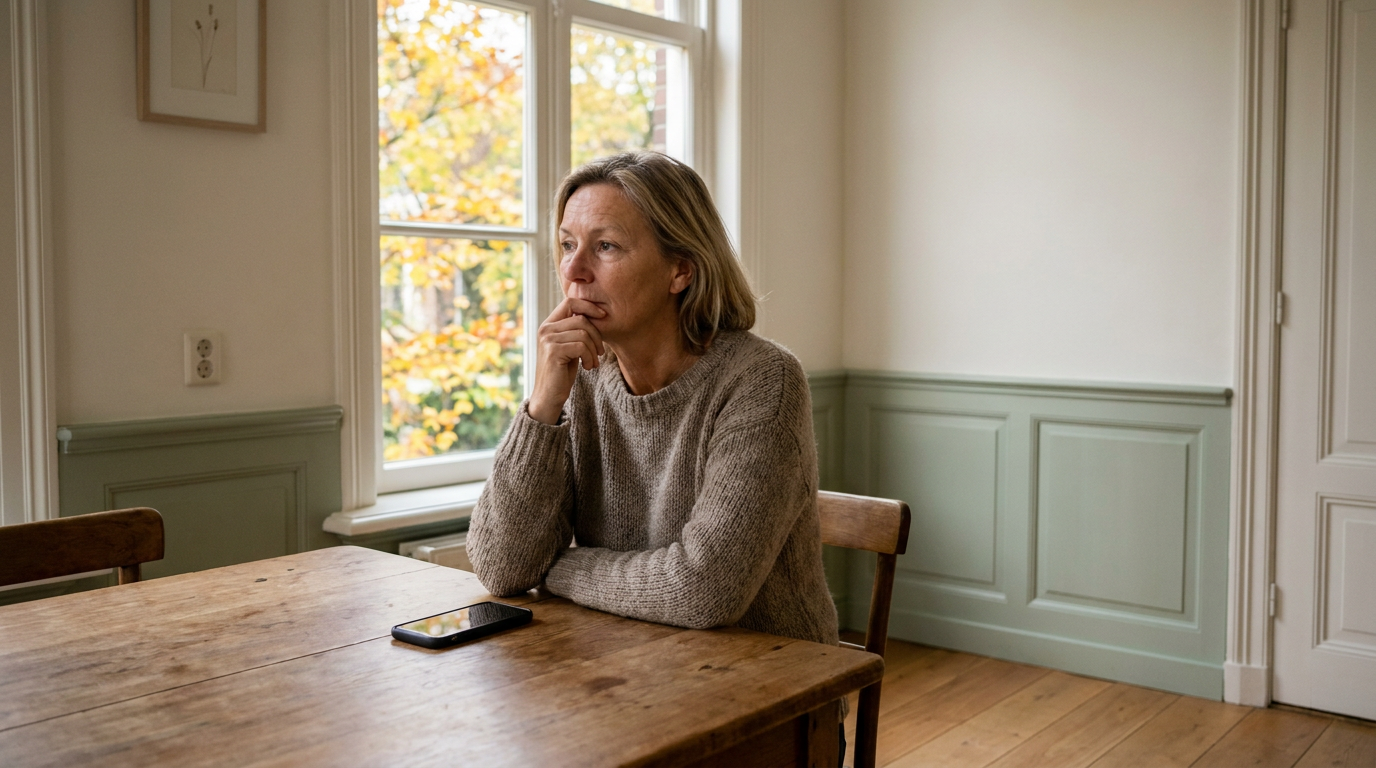 Vrouw zit in stilte aan een keukentafel met haar telefoon omgekeerd naast zich