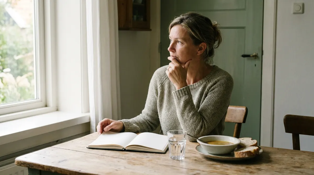 Vrouw denkt in rustig nazomerlicht na bij een open agenda aan de keukentafel
